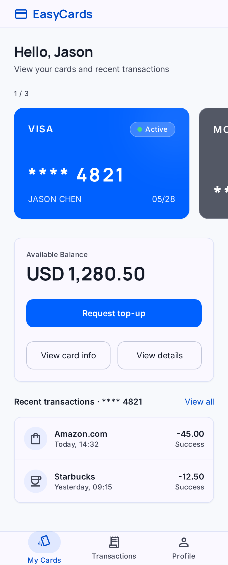 My Cards UI example with sample balances and transactions