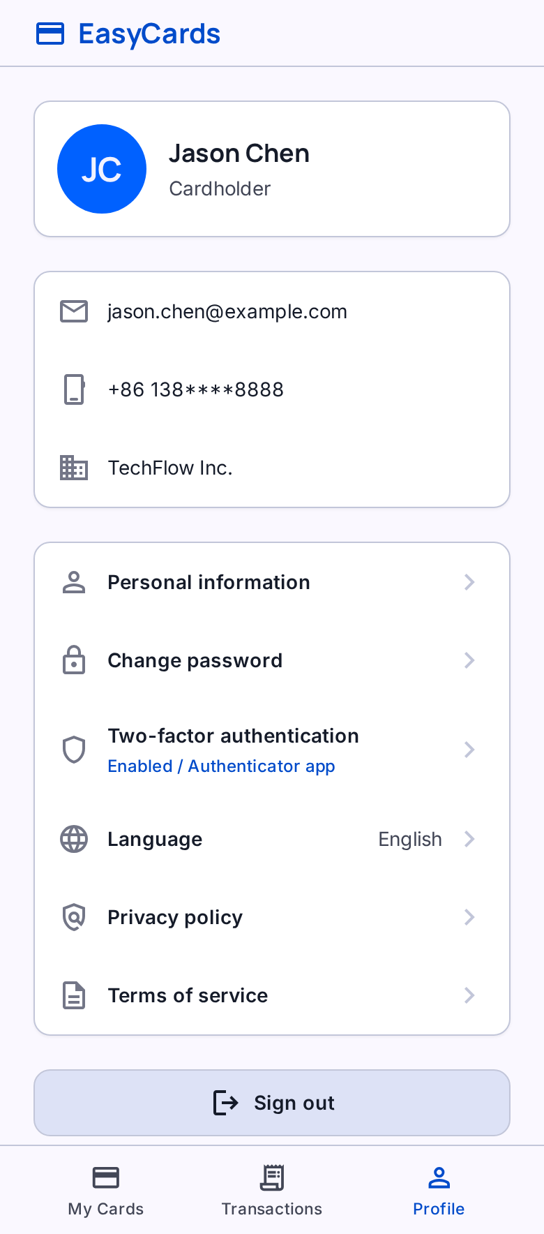 Profile UI example with sample data