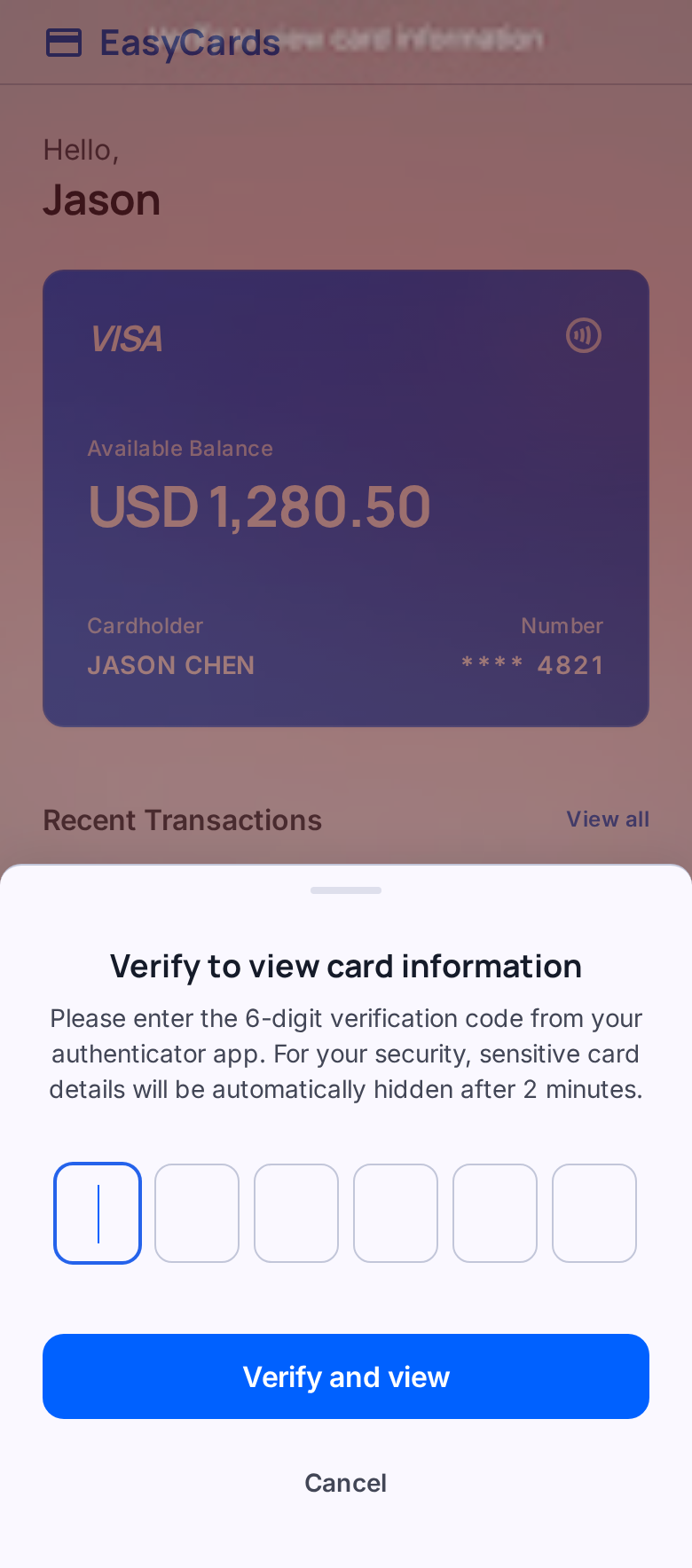 Sensitive-card verification UI example