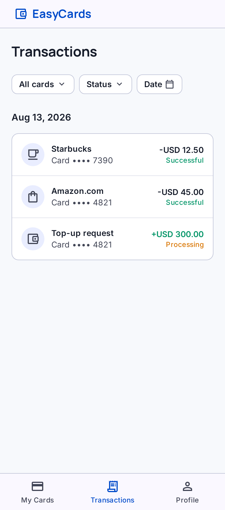 Transactions UI example with sample data