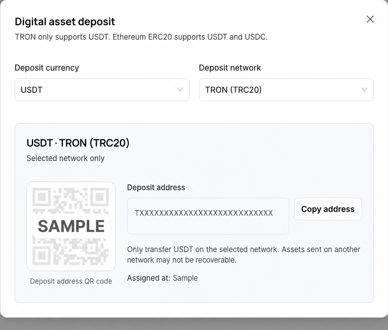 Digital-asset deposit dialog with a redacted sample address and QR code