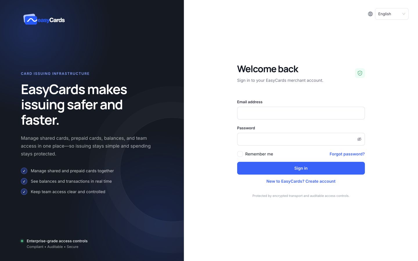 EasyCards merchant sign-in page