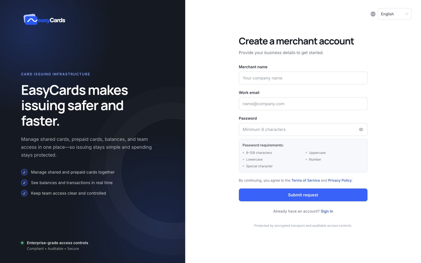 EasyCards merchant registration page