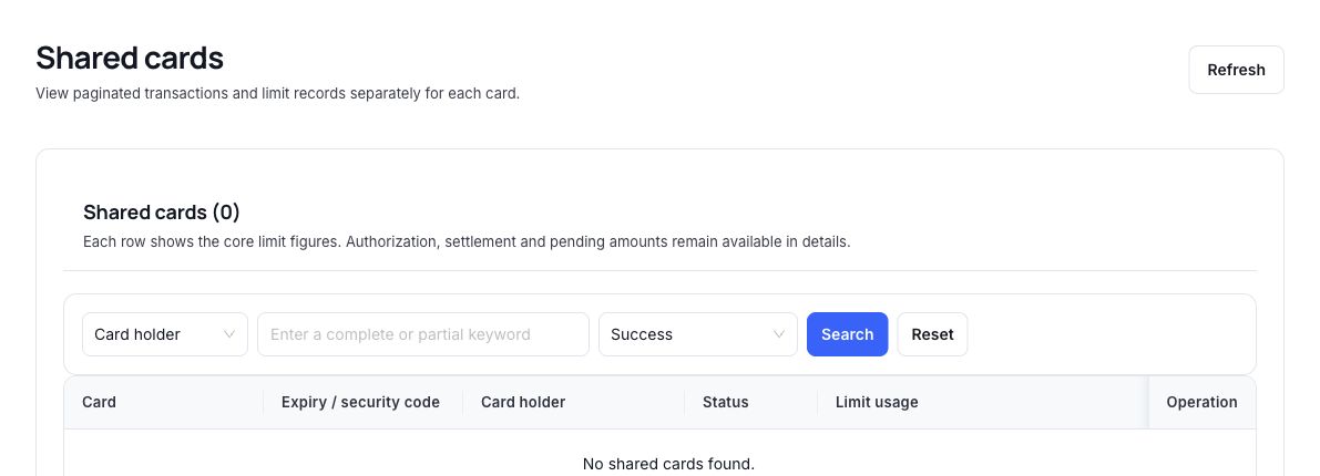 Shared-card list and application-state filters