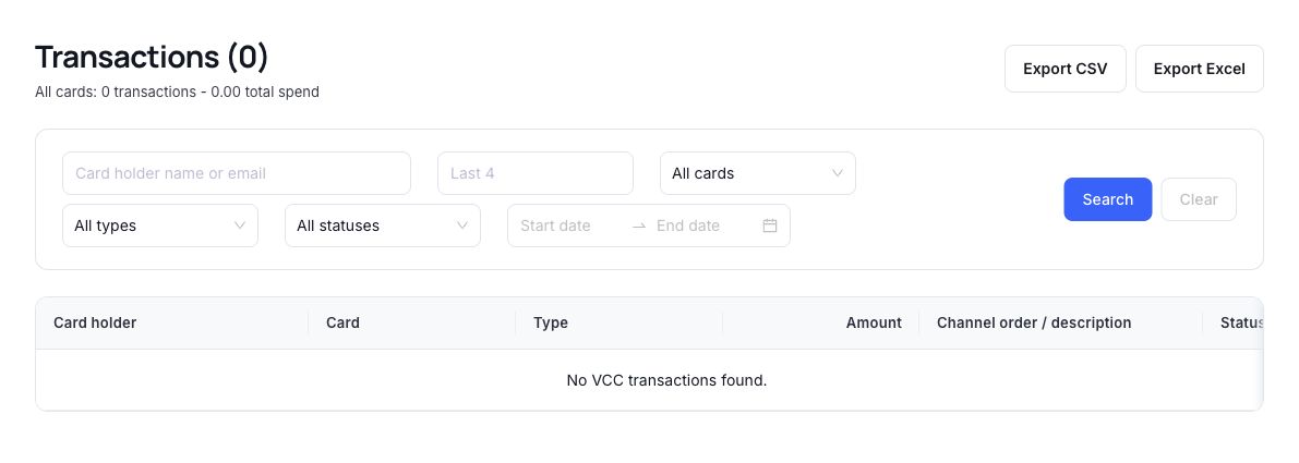 Card transaction filters and export actions