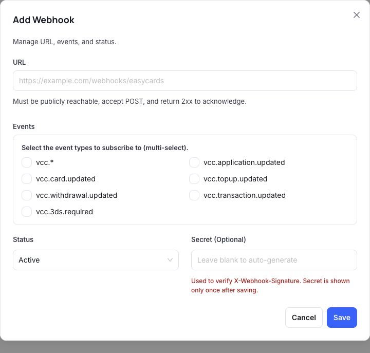 Create Webhook dialog