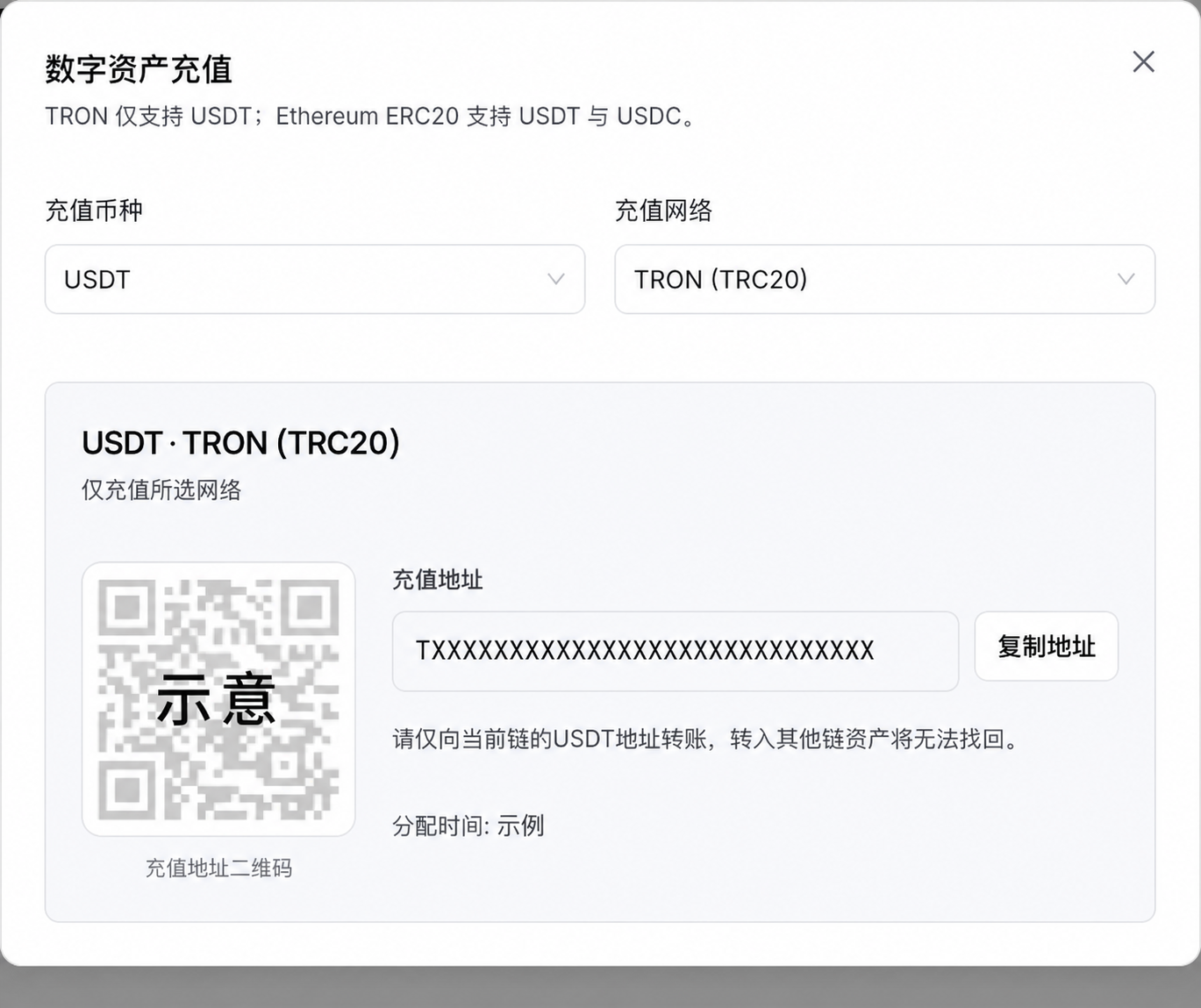 数字资产充值弹窗（地址与二维码为脱敏示例）
