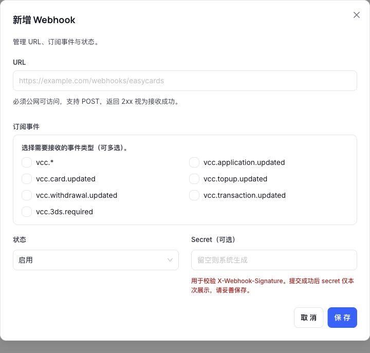 创建 Webhook 弹窗
